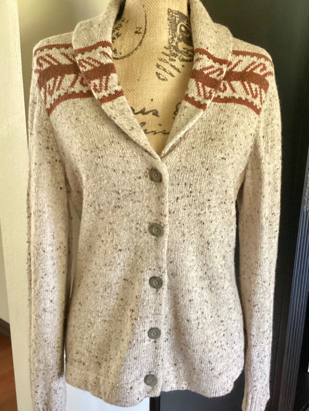 Woolrich  Stone Heathered Flecked Knit Button Down Long Sleeve Cardigan Sz Small